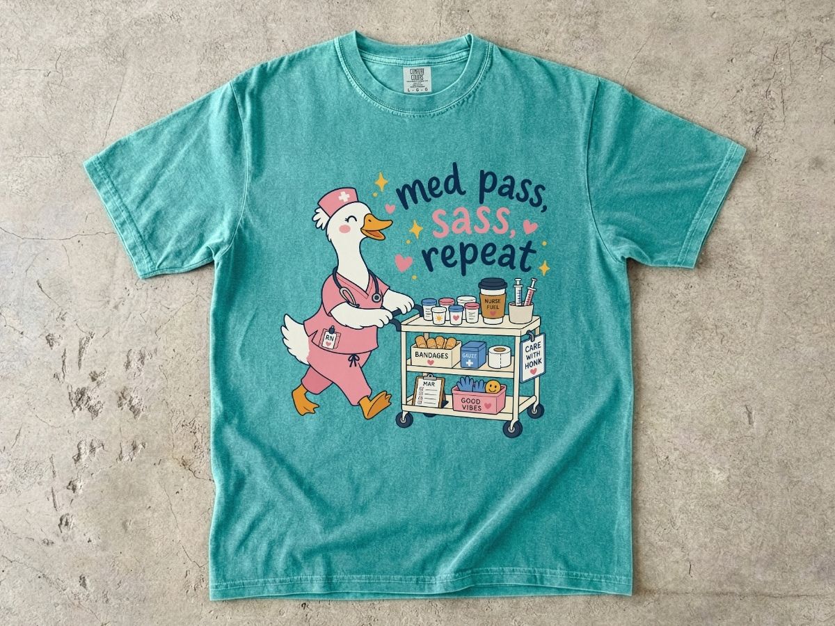 Medical Cart Nurse T‑Shirt — “Med Pass, Sass, Repeat” Cute Nurse Goose Tee