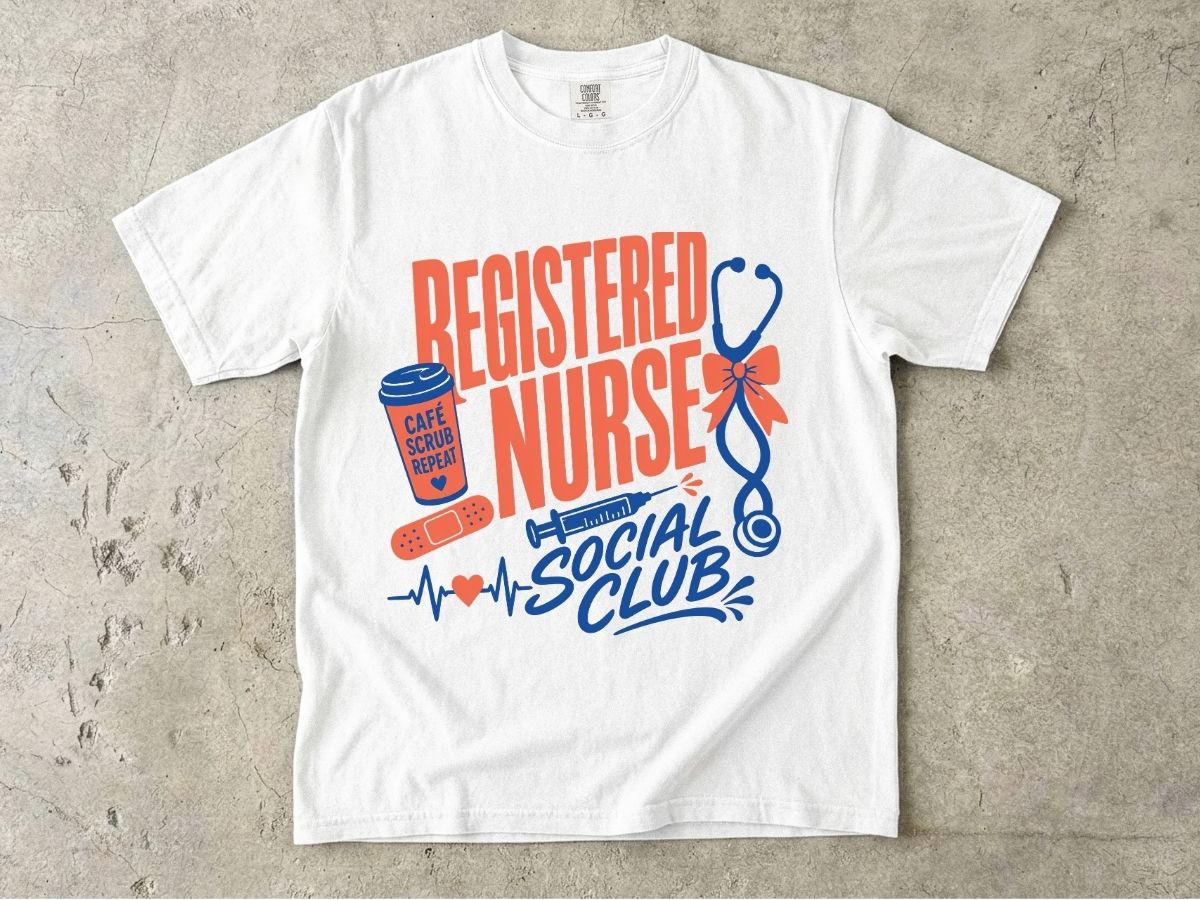 Registered Nurse Social Club T-Shirt — Nurse Stethoscope, Coffee & Bandage Graphic Tee