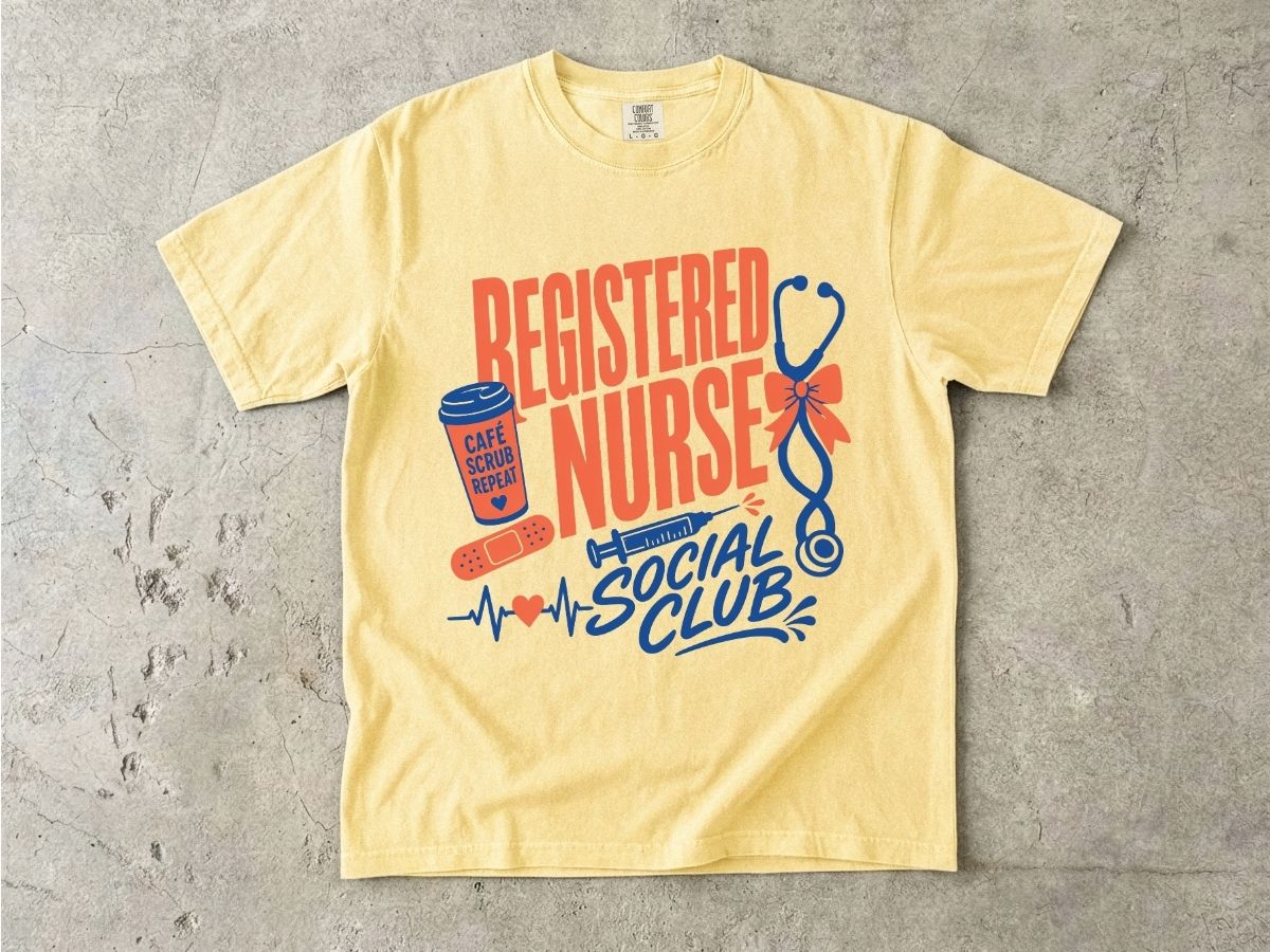 Registered Nurse Social Club T-Shirt — Nurse Stethoscope, Coffee & Bandage Graphic Tee
