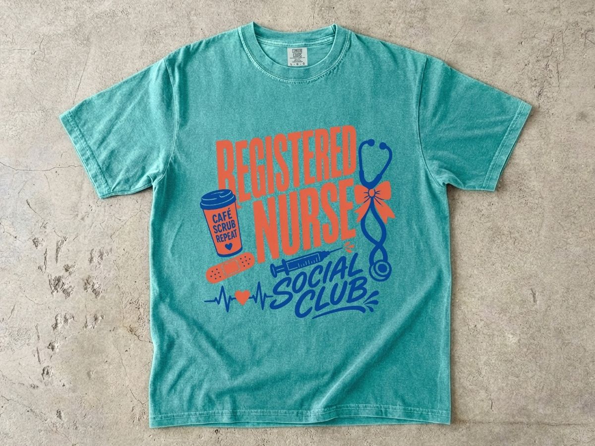 Registered Nurse Social Club T-Shirt — Nurse Stethoscope, Coffee & Bandage Graphic Tee
