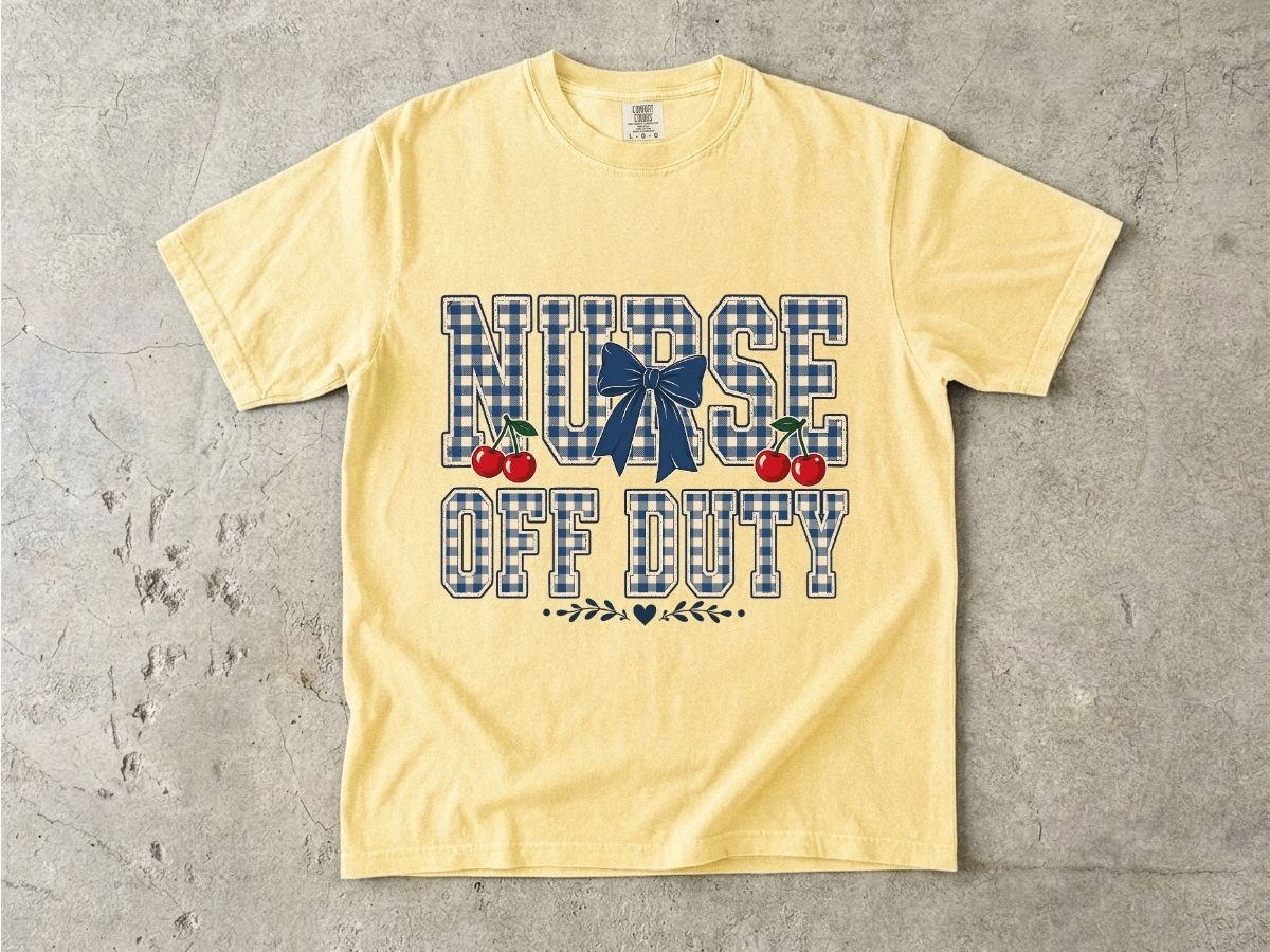 Nurse Off Duty T‑Shirt — Vintage Plaid Navy Design with Cherries