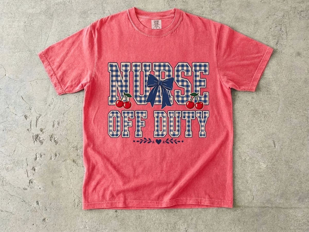 Nurse Off Duty T‑Shirt — Vintage Plaid Navy Design with Cherries
