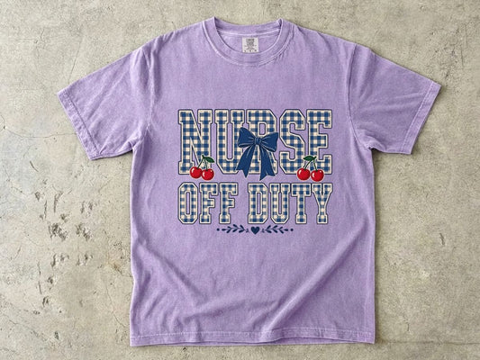 Nurse Off Duty T‑Shirt — Vintage Plaid Navy Design with Cherries