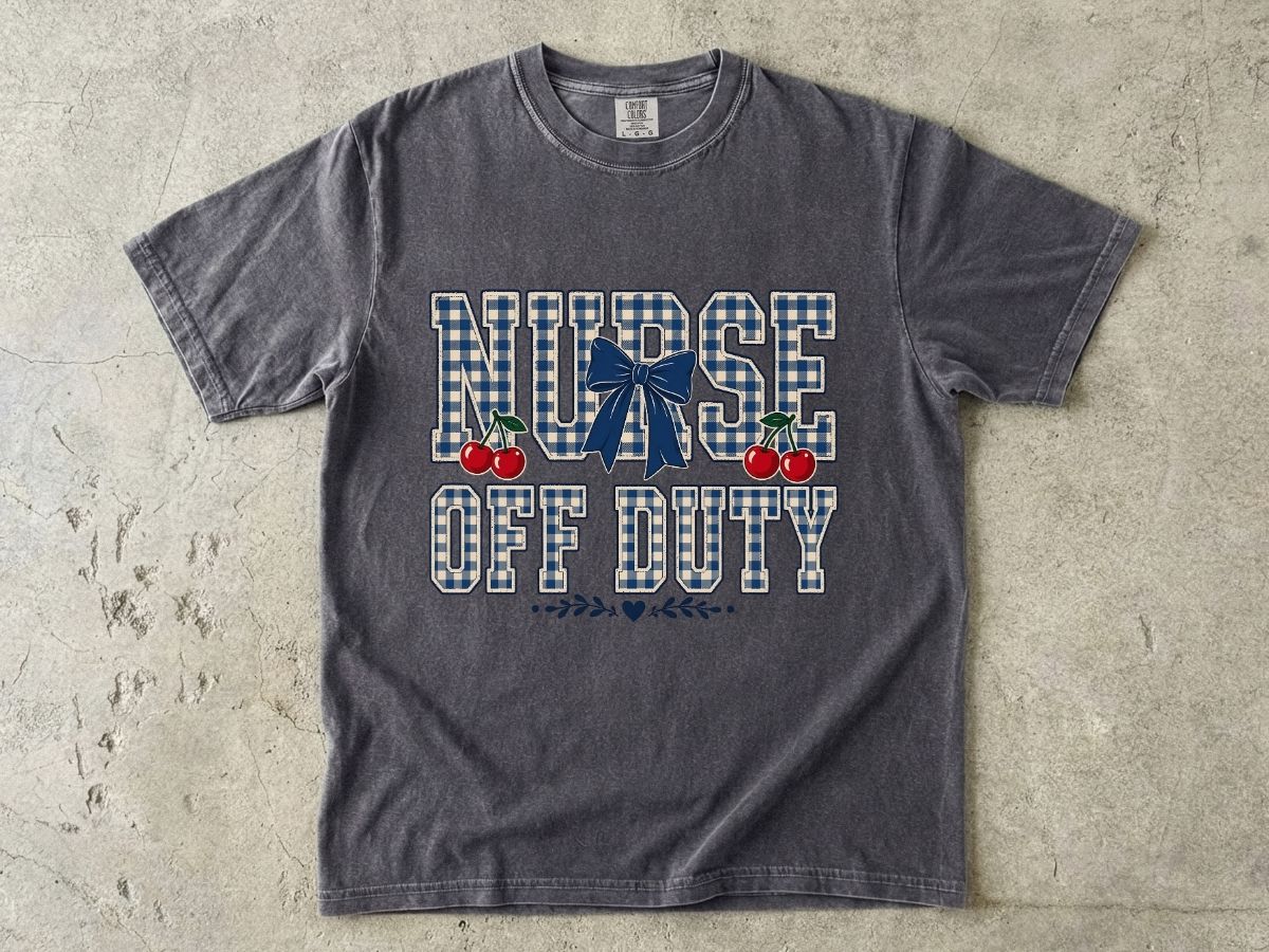 Nurse Off Duty T‑Shirt — Vintage Plaid Navy Design with Cherries