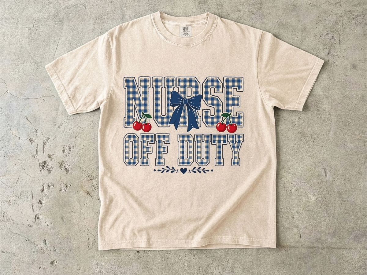 Nurse Off Duty T‑Shirt — Vintage Plaid Navy Design with Cherries