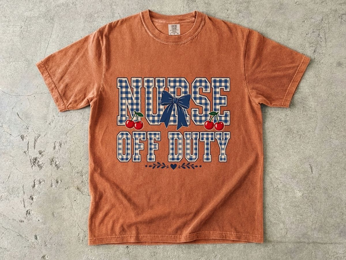 Nurse Off Duty T‑Shirt — Vintage Plaid Navy Design with Cherries