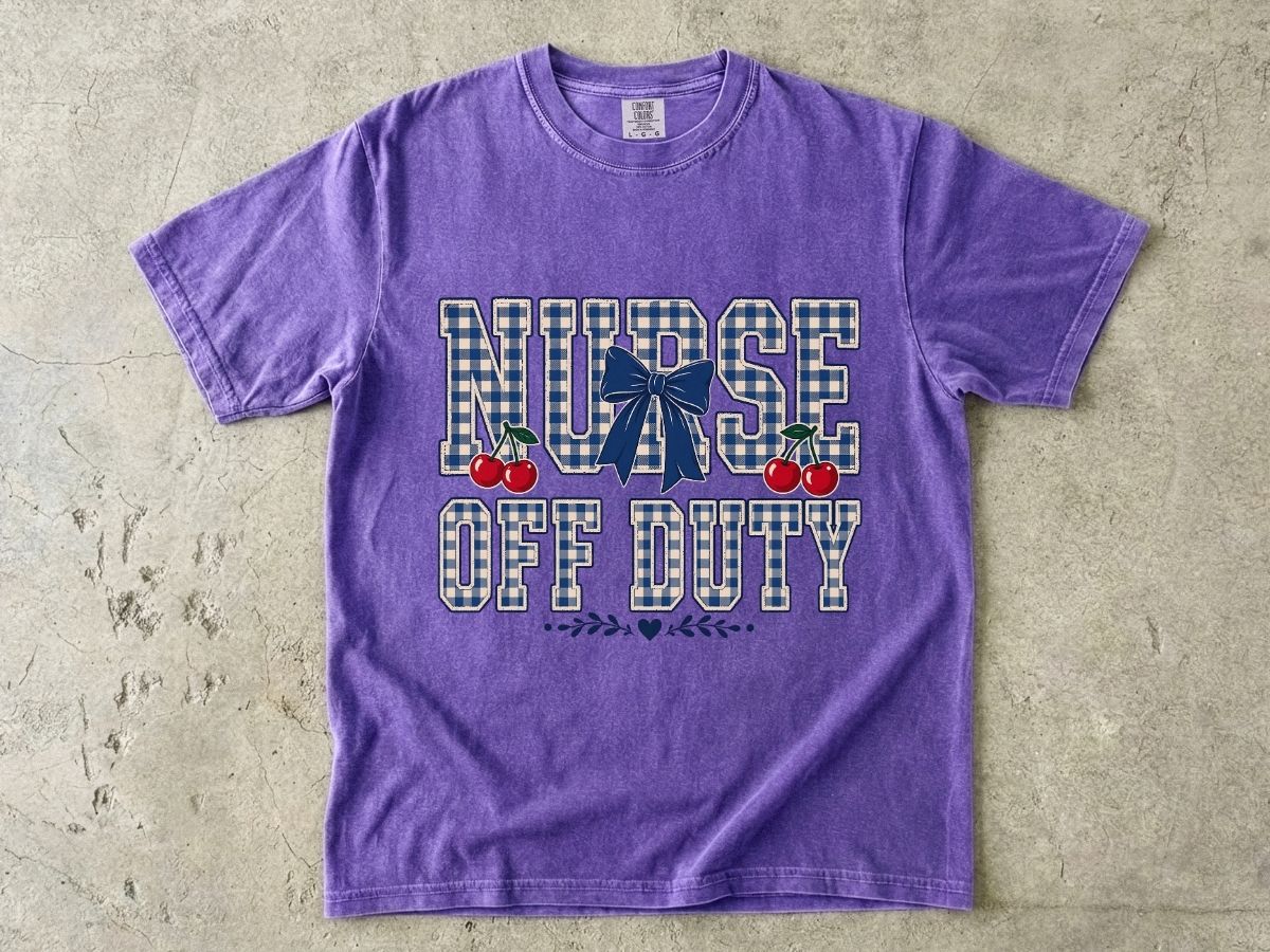Nurse Off Duty T‑Shirt — Vintage Plaid Navy Design with Cherries