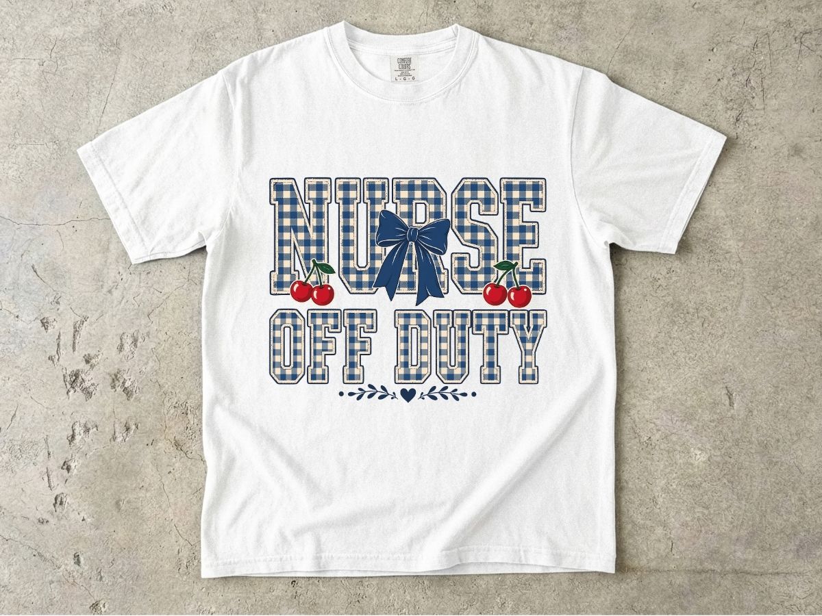 Nurse Off Duty T‑Shirt — Vintage Plaid Navy Design with Cherries