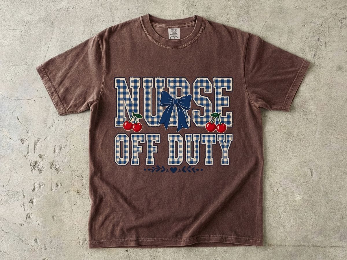 Nurse Off Duty T‑Shirt — Vintage Plaid Navy Design with Cherries