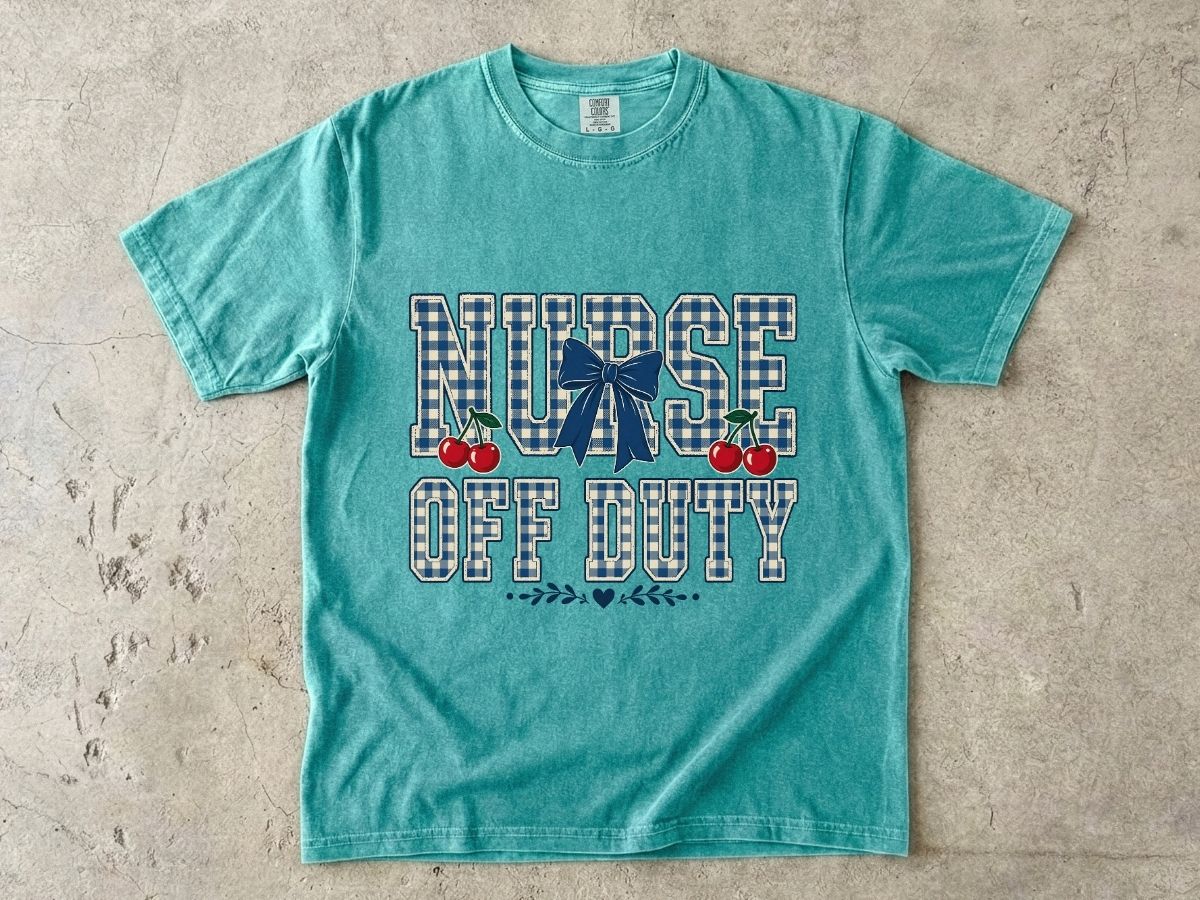 Nurse Off Duty T‑Shirt — Vintage Plaid Navy Design with Cherries