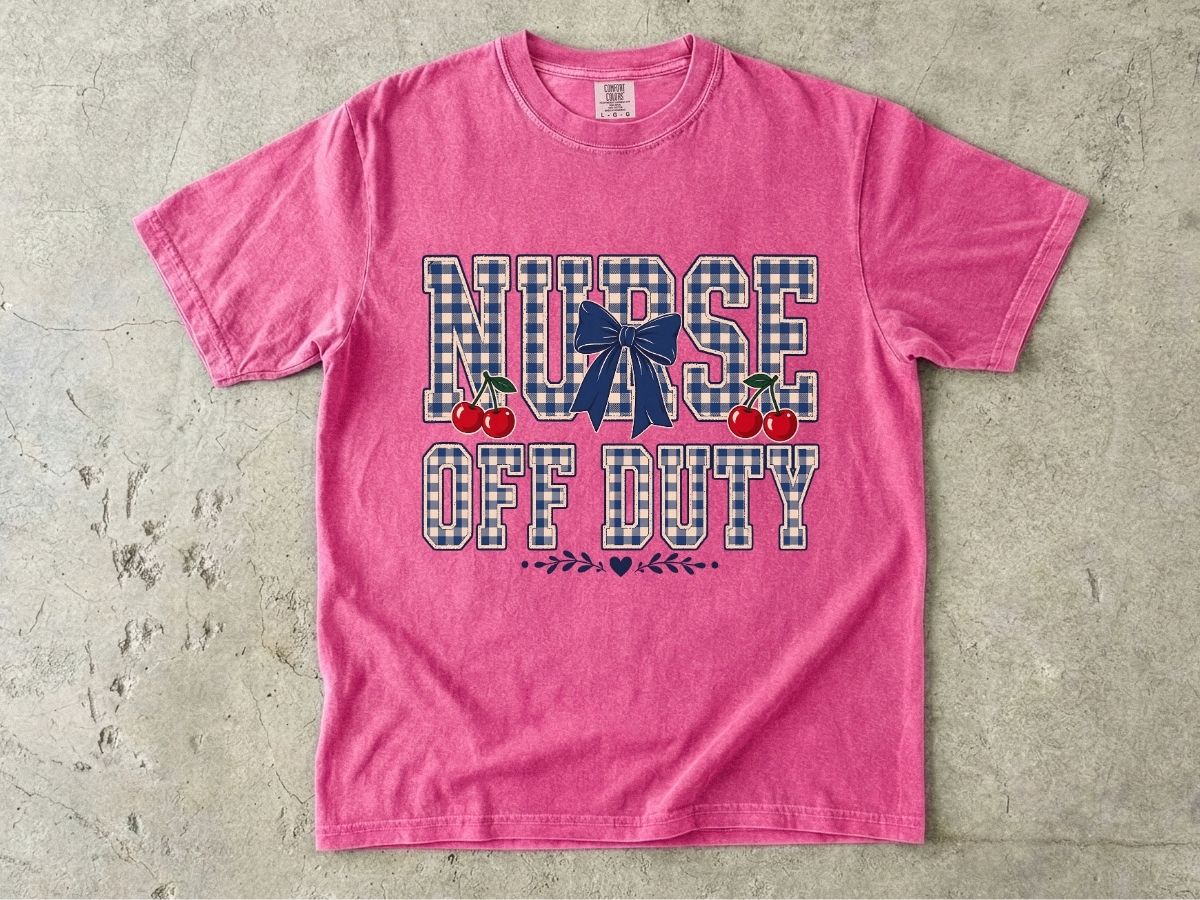 Nurse Off Duty T‑Shirt — Vintage Plaid Navy Design with Cherries