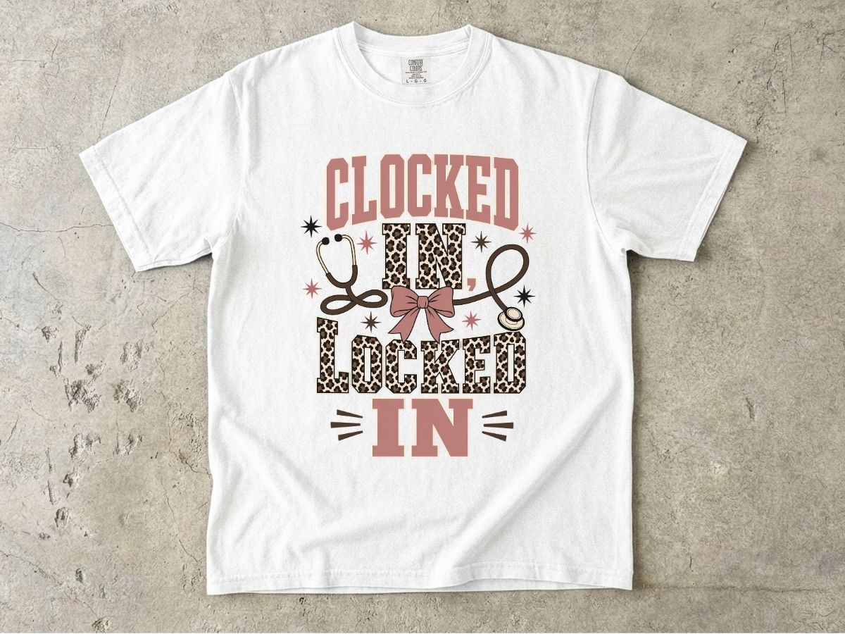 Clocked In, Locked In Nurse T-Shirt — Leopard Stethoscope Design