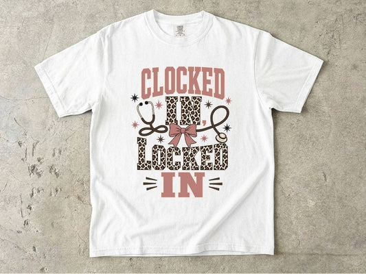Clocked In, Locked In Nurse T-Shirt — Leopard Stethoscope Design