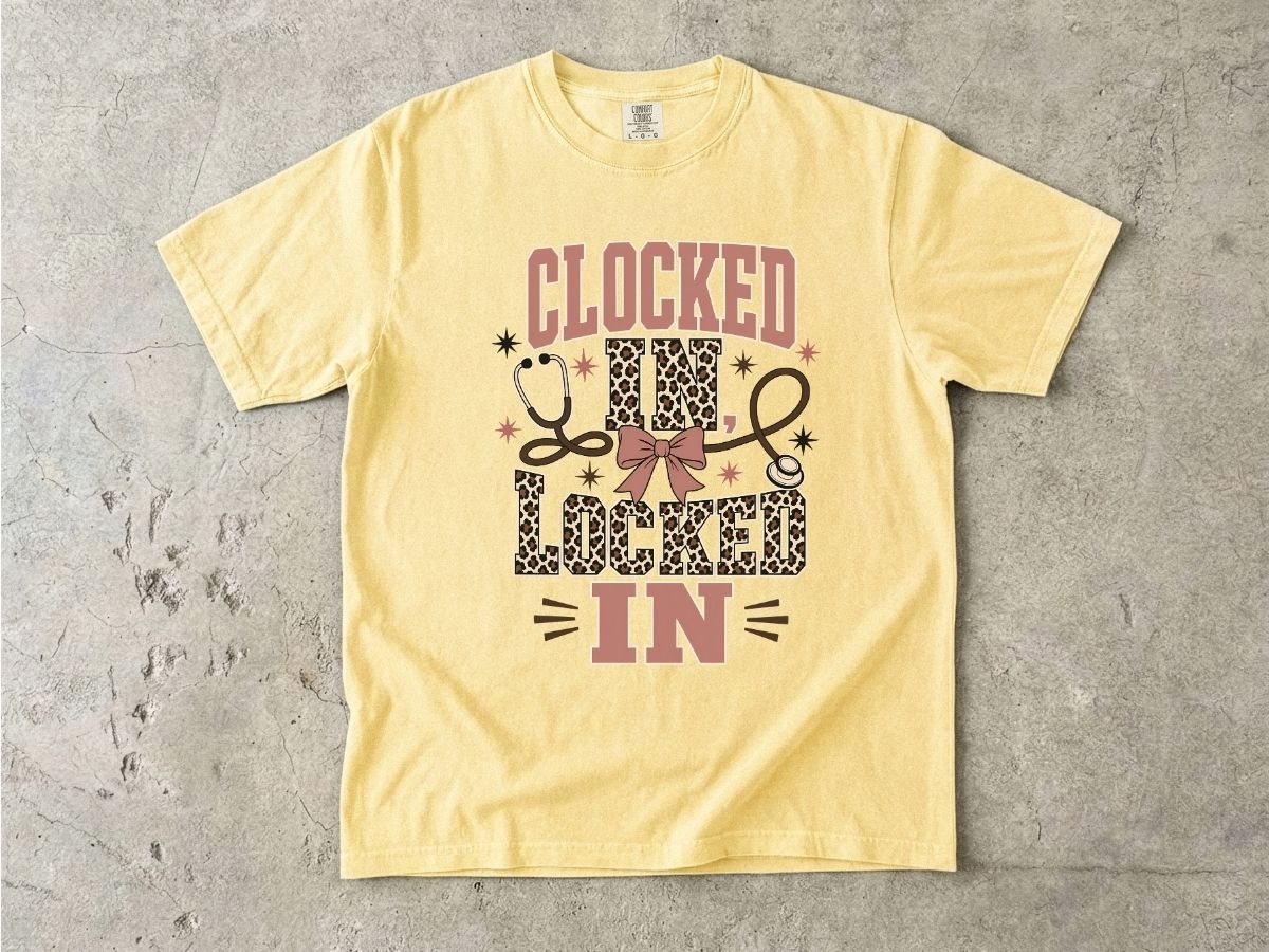 Clocked In, Locked In Nurse T-Shirt — Leopard Stethoscope Design