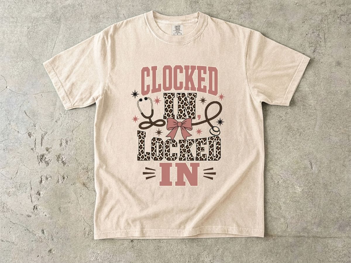 Clocked In, Locked In Nurse T-Shirt — Leopard Stethoscope Design