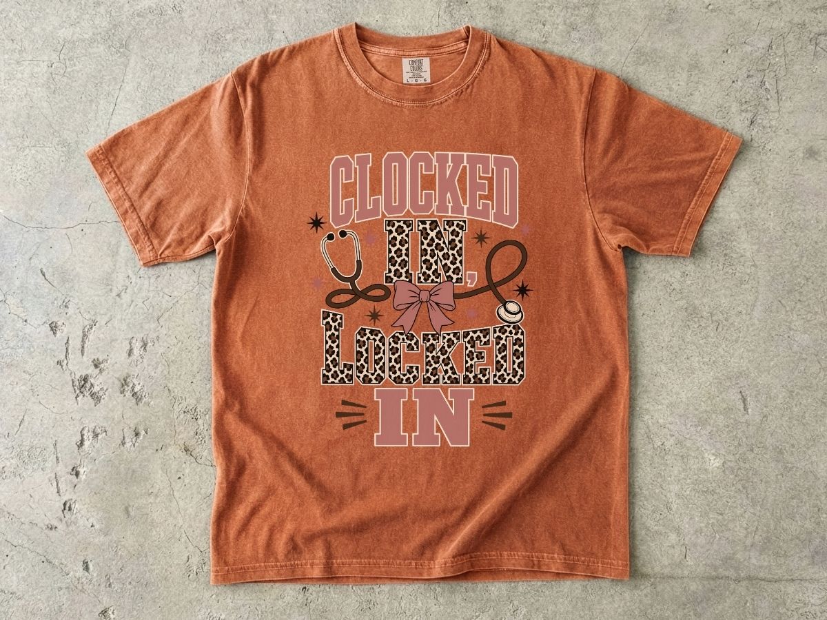 Clocked In, Locked In Nurse T-Shirt — Leopard Stethoscope Design
