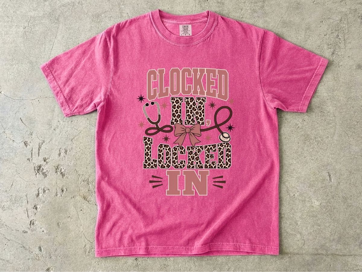 Clocked In, Locked In Nurse T-Shirt — Leopard Stethoscope Design