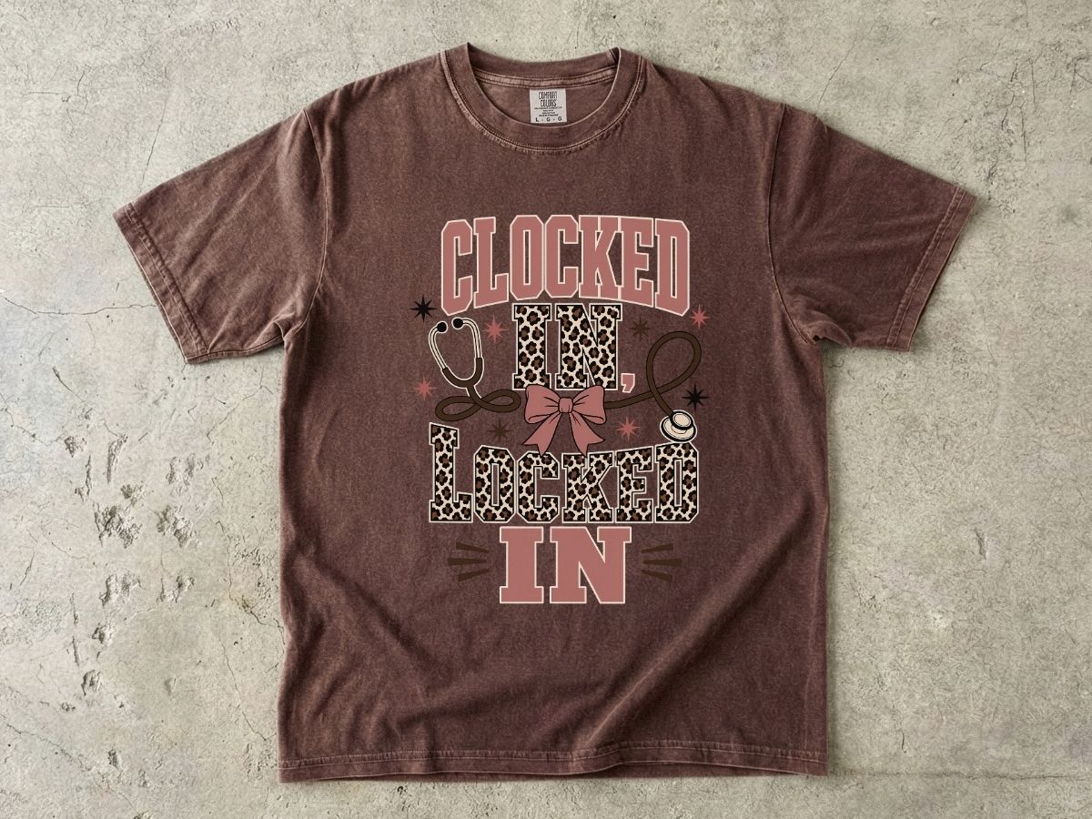Clocked In, Locked In Nurse T-Shirt — Leopard Stethoscope Design