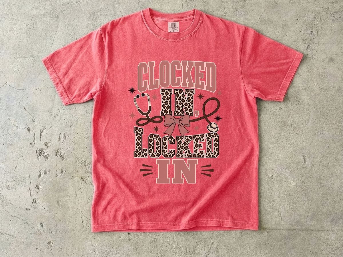 Clocked In, Locked In Nurse T-Shirt — Leopard Stethoscope Design