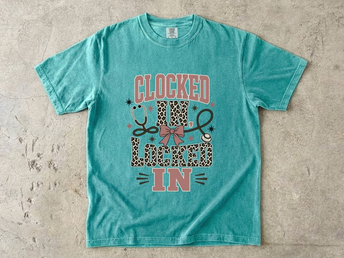 Clocked In, Locked In Nurse T-Shirt — Leopard Stethoscope Design