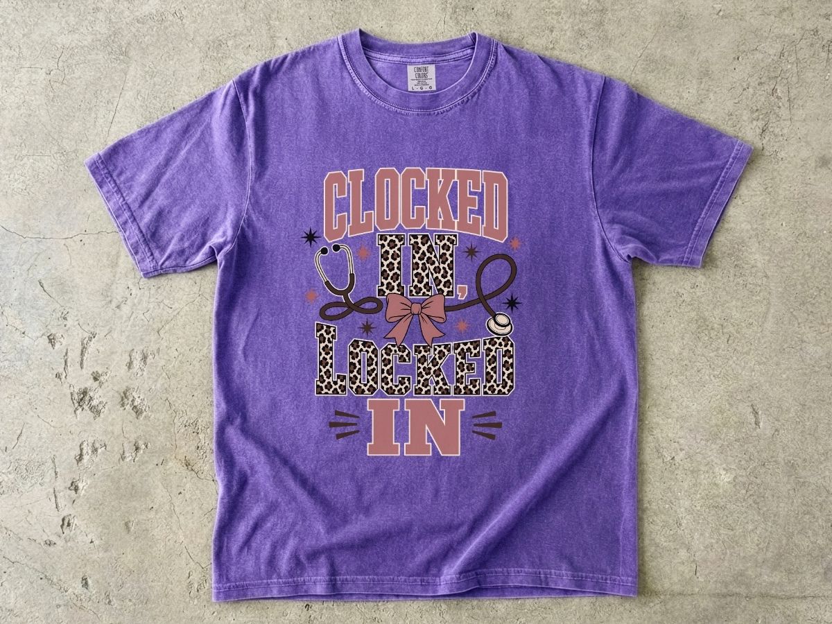 Clocked In, Locked In Nurse T-Shirt — Leopard Stethoscope Design