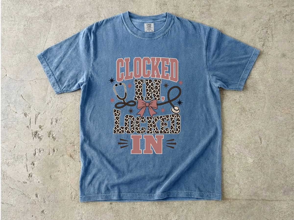 Clocked In, Locked In Nurse T-Shirt — Leopard Stethoscope Design