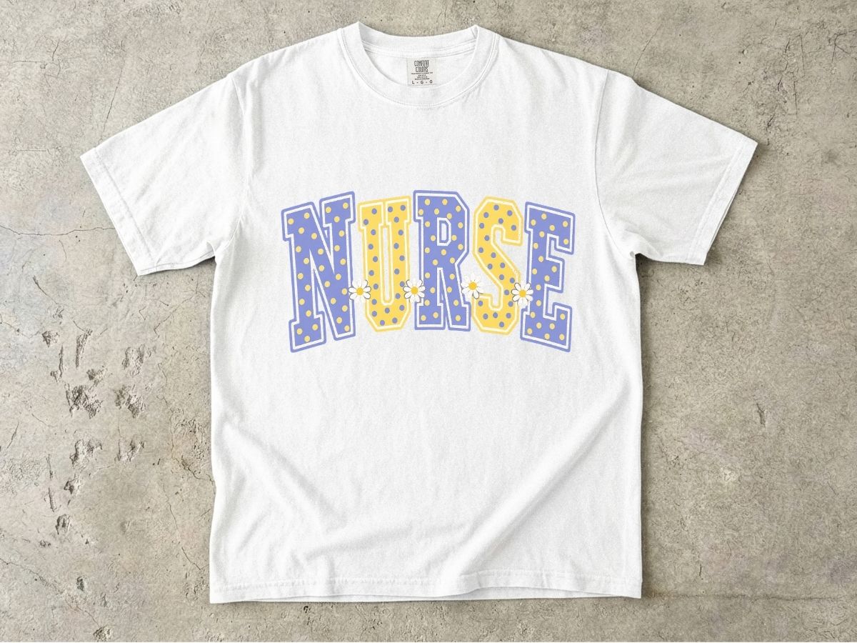 Nurse Varsity Letter Tee – Blue & Yellow Polka Dot Graphic T-Shirt
