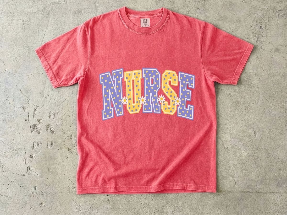Nurse Varsity Letter Tee – Blue & Yellow Polka Dot Graphic T-Shirt