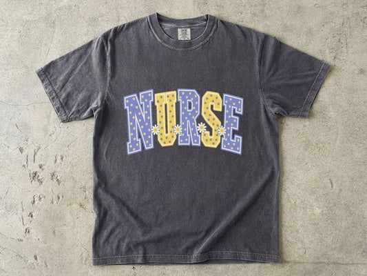 Nurse Varsity Letter Tee – Blue & Yellow Polka Dot Graphic T-Shirt
