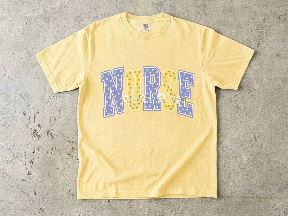 Nurse Varsity Letter Tee – Blue & Yellow Polka Dot Graphic T-Shirt