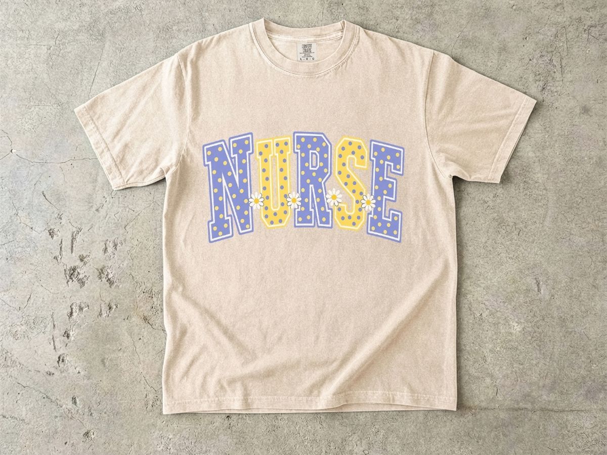 Nurse Varsity Letter Tee – Blue & Yellow Polka Dot Graphic T-Shirt