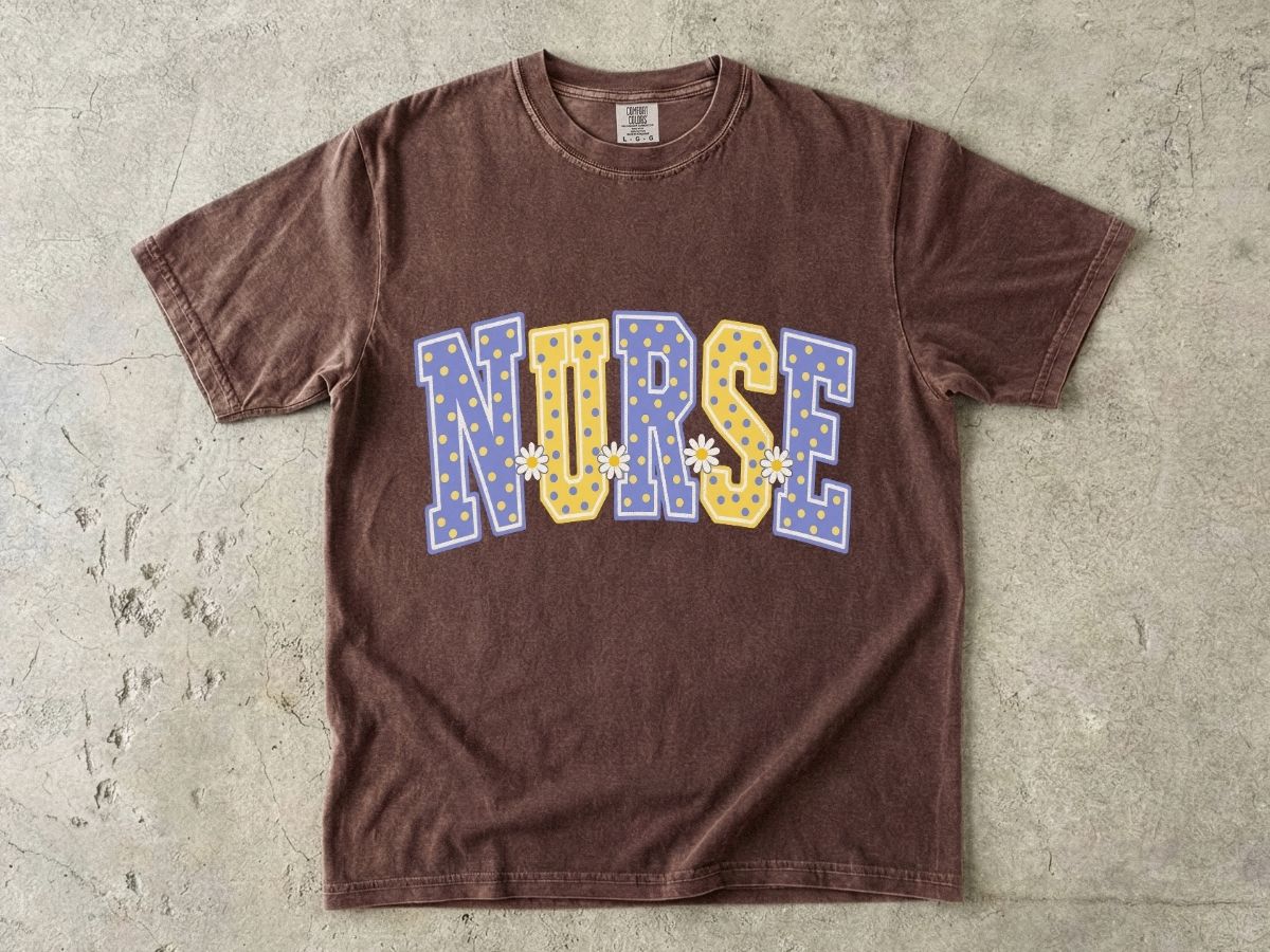 Nurse Varsity Letter Tee – Blue & Yellow Polka Dot Graphic T-Shirt