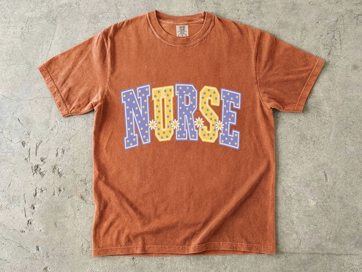 Nurse Varsity Letter Tee – Blue & Yellow Polka Dot Graphic T-Shirt