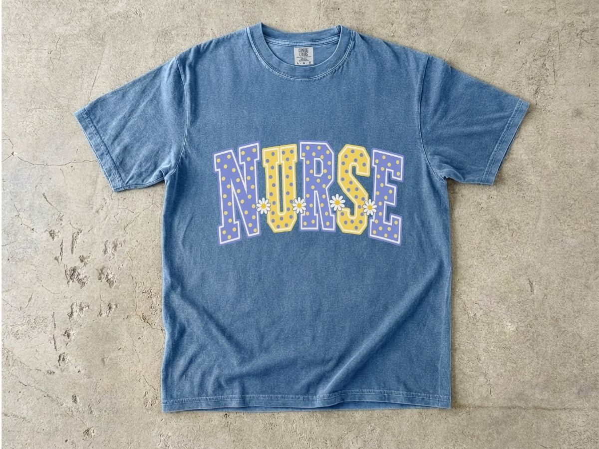 Nurse Varsity Letter Tee – Blue & Yellow Polka Dot Graphic T-Shirt