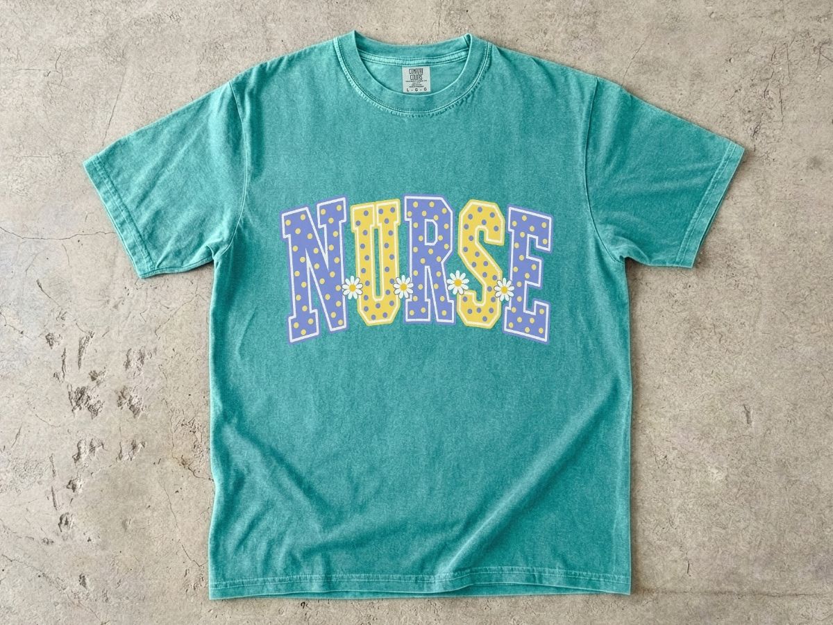 Nurse Varsity Letter Tee – Blue & Yellow Polka Dot Graphic T-Shirt