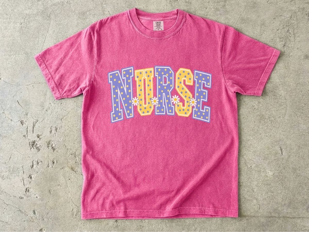 Nurse Varsity Letter Tee – Blue & Yellow Polka Dot Graphic T-Shirt