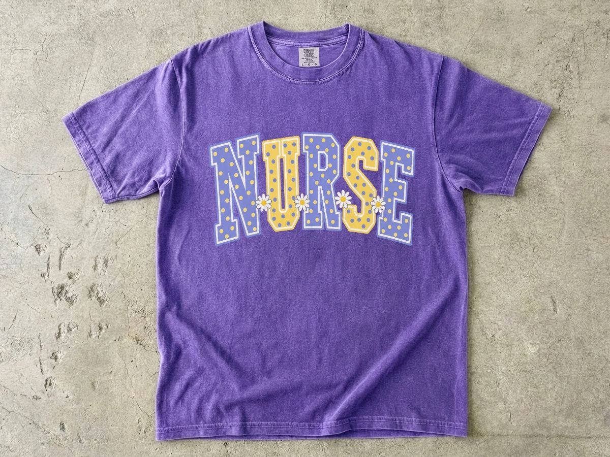 Nurse Varsity Letter Tee – Blue & Yellow Polka Dot Graphic T-Shirt