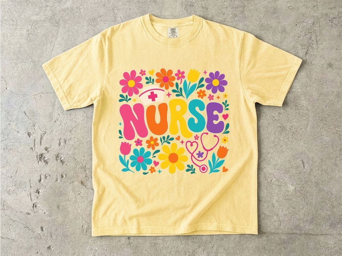 Rainbow Floral Nurse Shirt | Nurse Cap Bubble Letter Gift