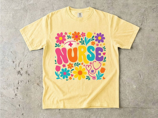 Rainbow Floral Nurse Shirt | Nurse Cap Bubble Letter Gift