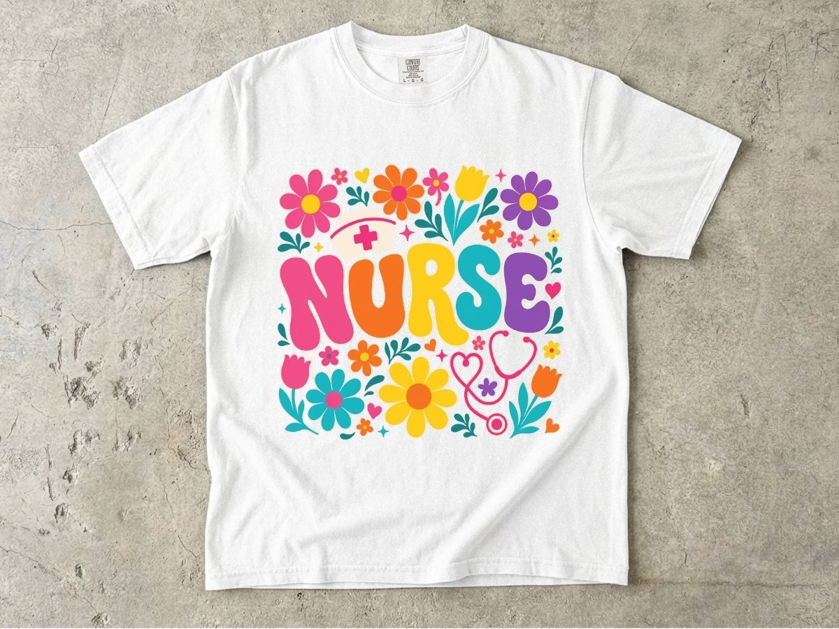 Rainbow Floral Nurse Shirt | Nurse Cap Bubble Letter Gift