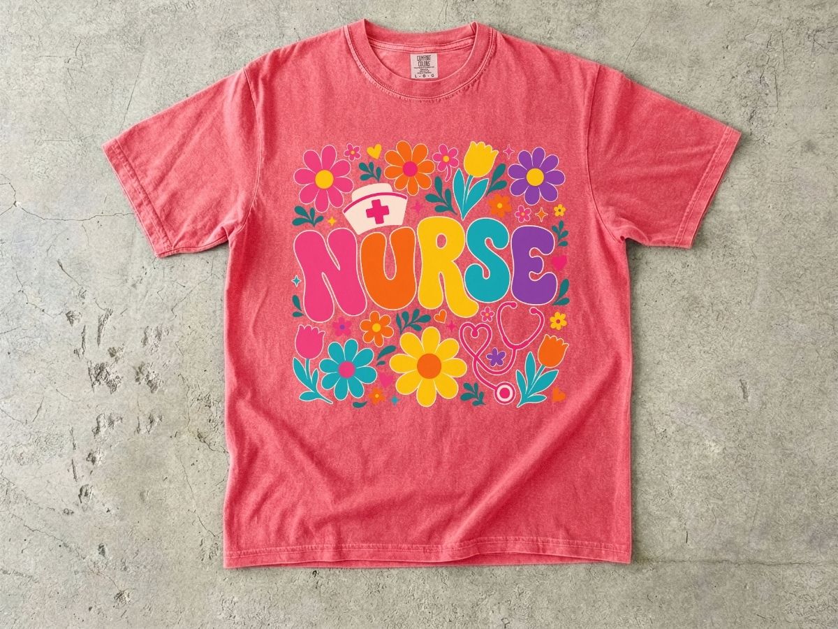 Rainbow Floral Nurse Shirt | Nurse Cap Bubble Letter Gift
