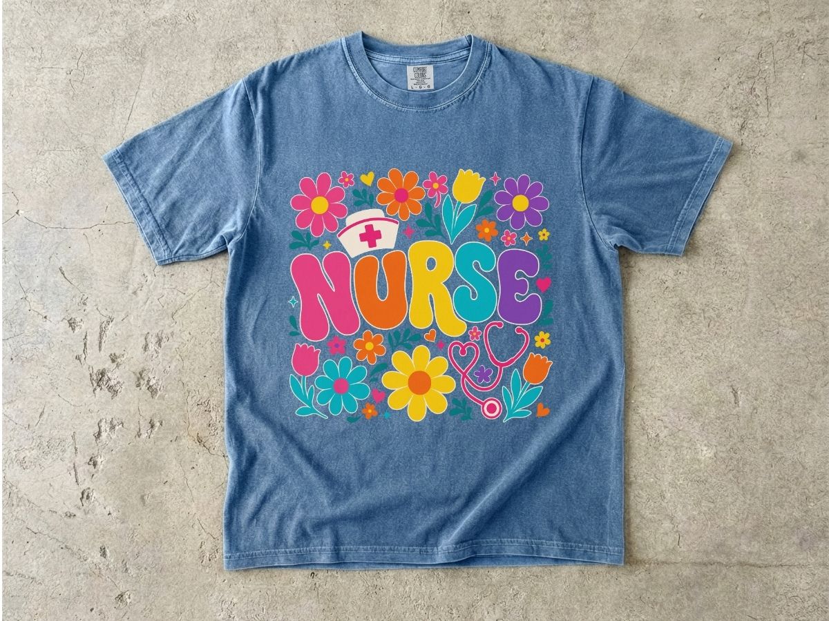 Rainbow Floral Nurse Shirt | Nurse Cap Bubble Letter Gift