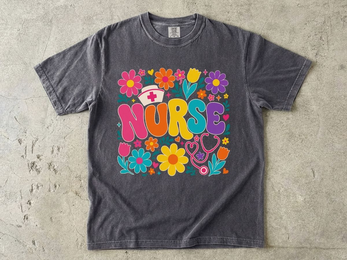 Rainbow Floral Nurse Shirt | Nurse Cap Bubble Letter Gift