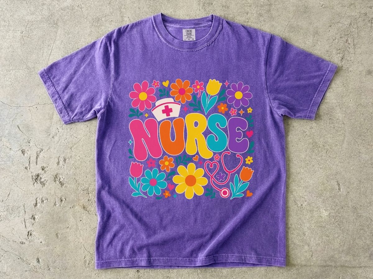 Rainbow Floral Nurse Shirt | Nurse Cap Bubble Letter Gift
