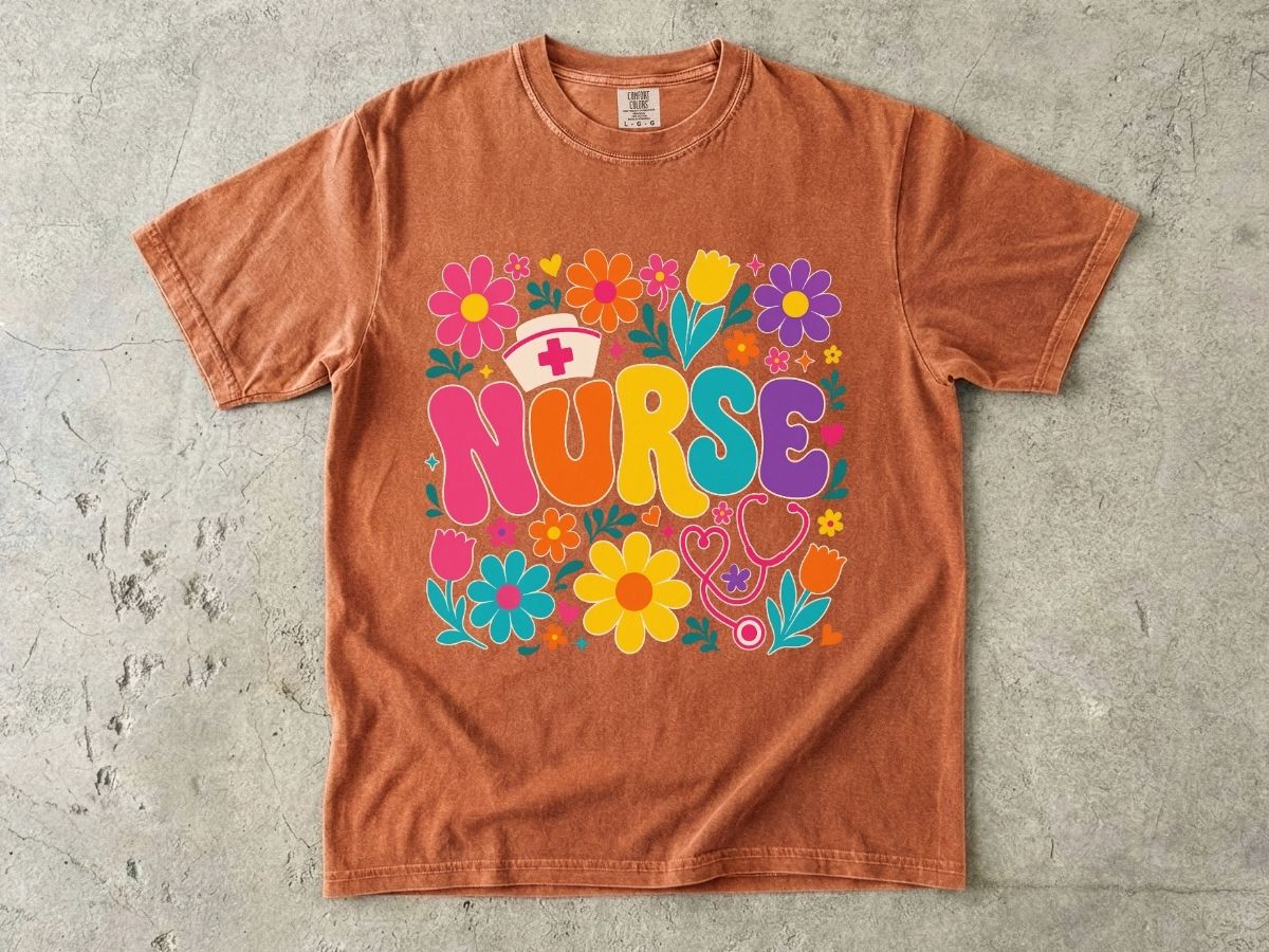 Rainbow Floral Nurse Shirt | Nurse Cap Bubble Letter Gift