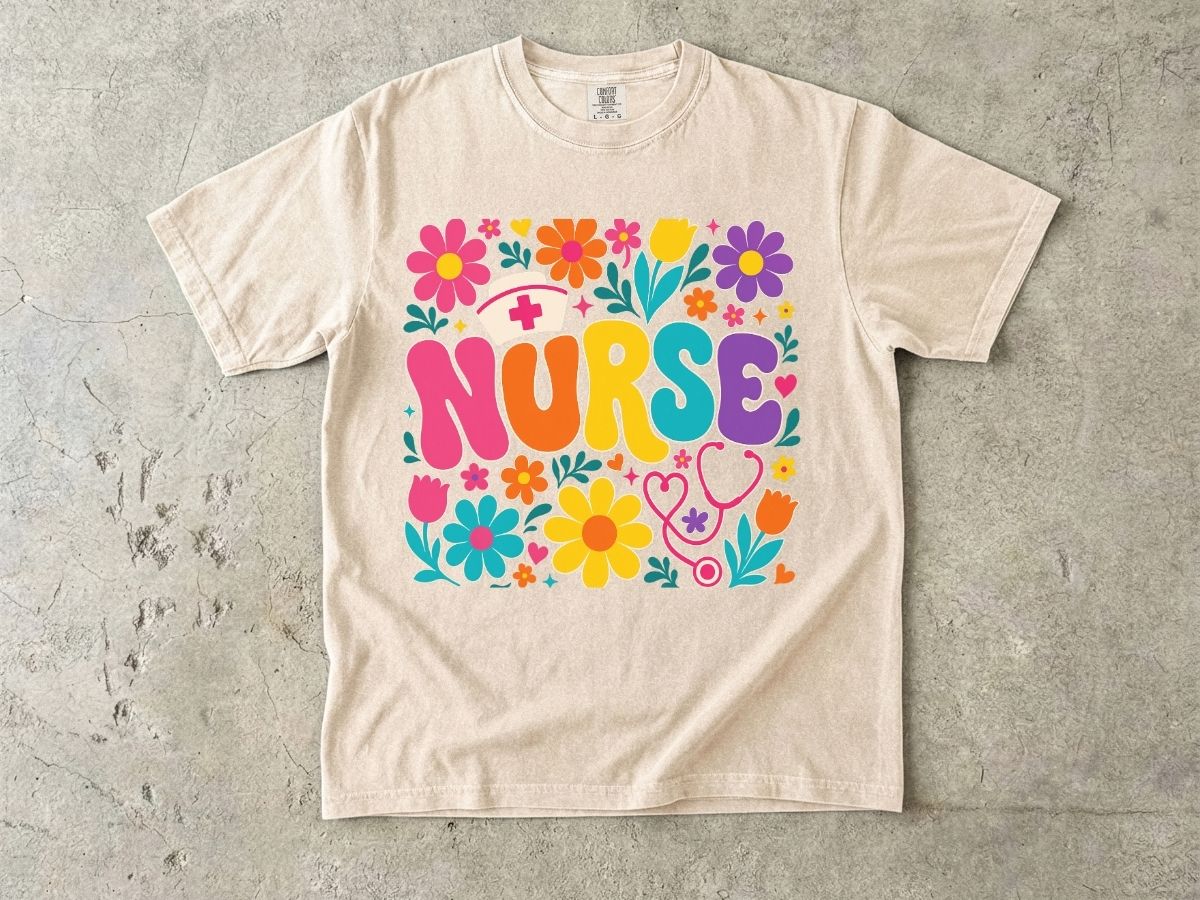 Rainbow Floral Nurse Shirt | Nurse Cap Bubble Letter Gift