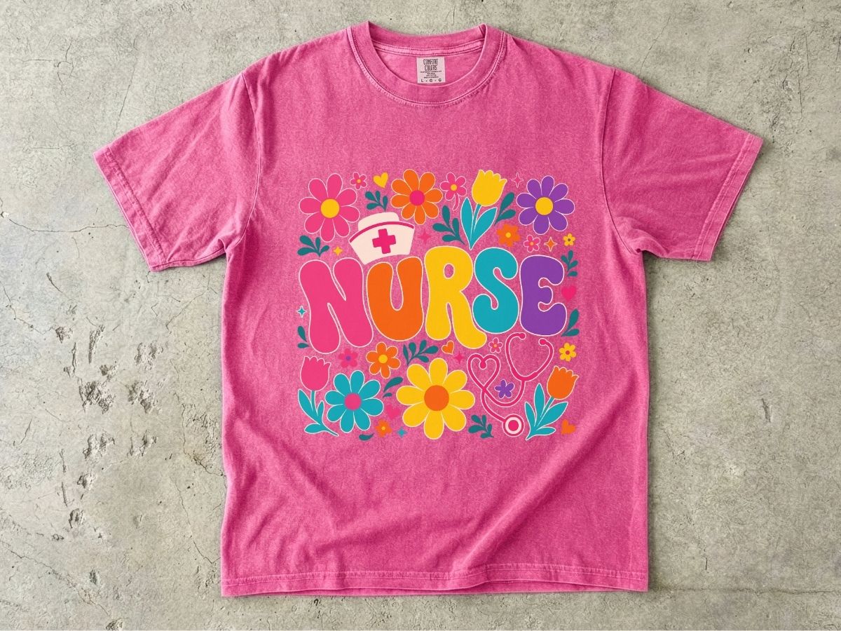 Rainbow Floral Nurse Shirt | Nurse Cap Bubble Letter Gift