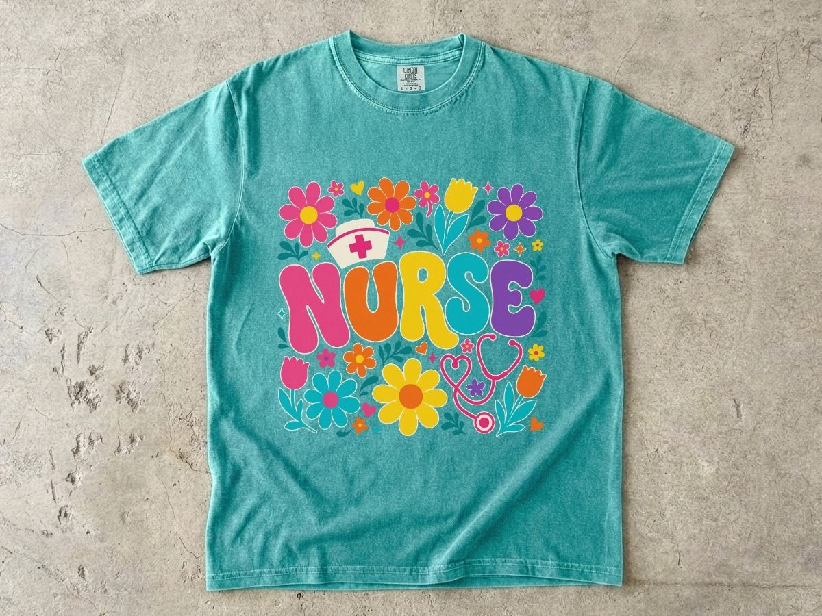 Rainbow Floral Nurse Shirt | Nurse Cap Bubble Letter Gift