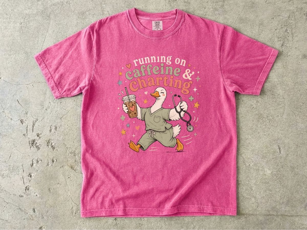 Caffeine & Charting T‑Shirt — Cute Goose Nurse with Coffee Graphic