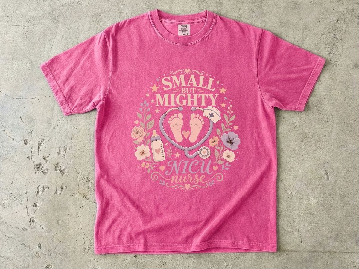 NICU Nurse T‑Shirt — "Small But Mighty" Floral Stethoscope Tee